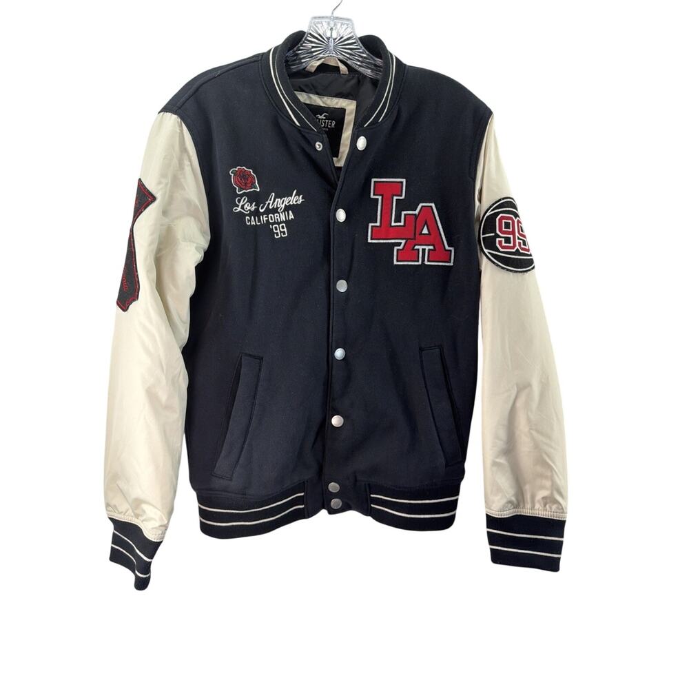 Hollister Varsity Bomber Jacket Womens M Black Rose Los Angeles Cali Coat LA 90s